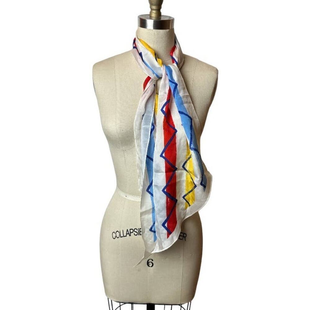Jacqueline Ferrar Geo Print Ivory Blue Red Multicolor 100% Silk Scarf 8.25"X52"